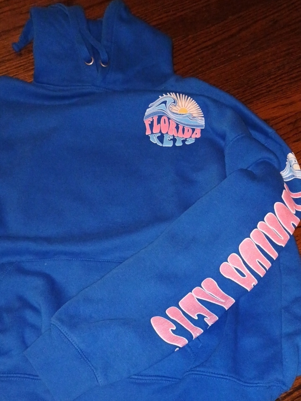 Pacifica Blue Hoodie with Pink Sleeve Graphic